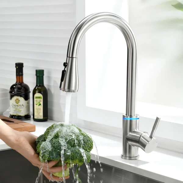Brushed Nickel Kitchen Faucet Single Hole LED Style Pull Out Spout Kitchen Sink Stream Sprayer Head Black Mixer Tap LED 866006 - Image 3