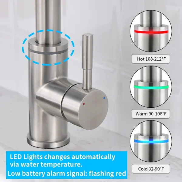 Brushed Nickel Kitchen Faucet Single Hole LED Style Pull Out Spout Kitchen Sink Stream Sprayer Head Black Mixer Tap LED 866006 - Image 5