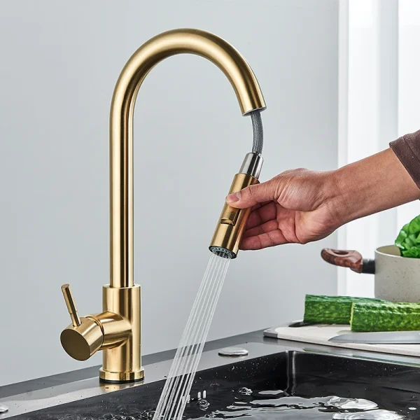 Quyanre Brushed Gold Kitchen Faucet Pull Out Kitchen Sink Water Tap Single Handle Mixer Tap 360 Rotation Kitchen Shower Faucet - Image 5