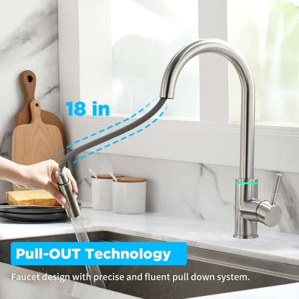 Brushed Nickel Kitchen Faucet Single Hole LED Style Pull Out Spout Kitchen Sink Stream Sprayer Head Black Mixer Tap LED 866006 - Image 4